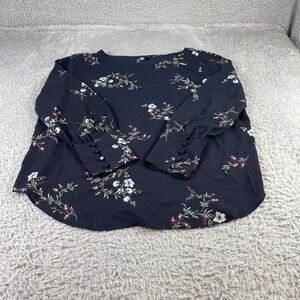 Ann Taylor Navy Floral Print Long Sleeve Button Cuff Blouse Women's XL